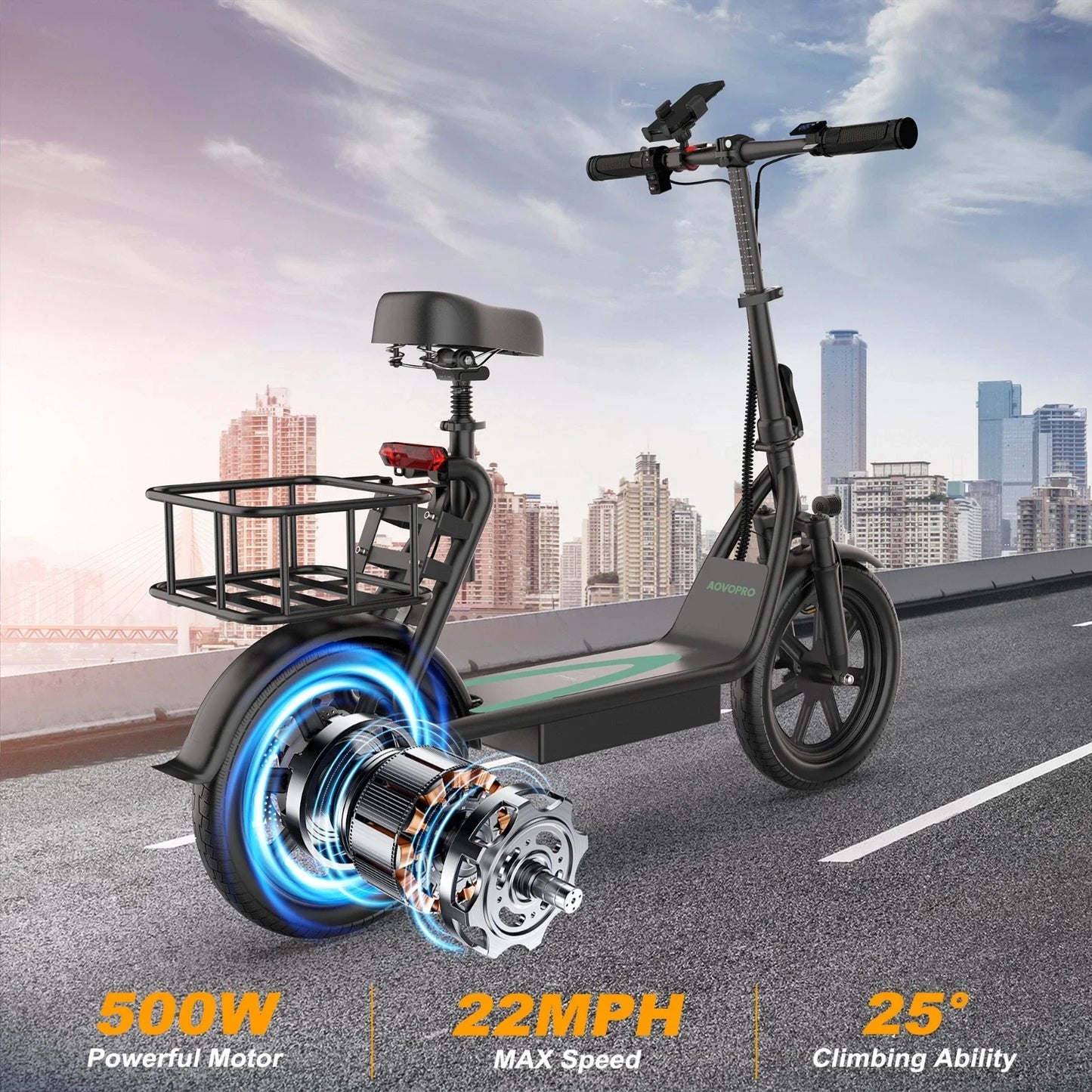 REFURBISHED AOVOPRO ESBS Electric Scooter with Seat, 500W 10.4Ah Battery 22mph