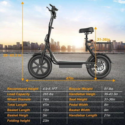 Refurbished Ladped LPBS Electric Scooter w/Seat, Foldable 500W 10.4Ah Battery 22mph 28Miles